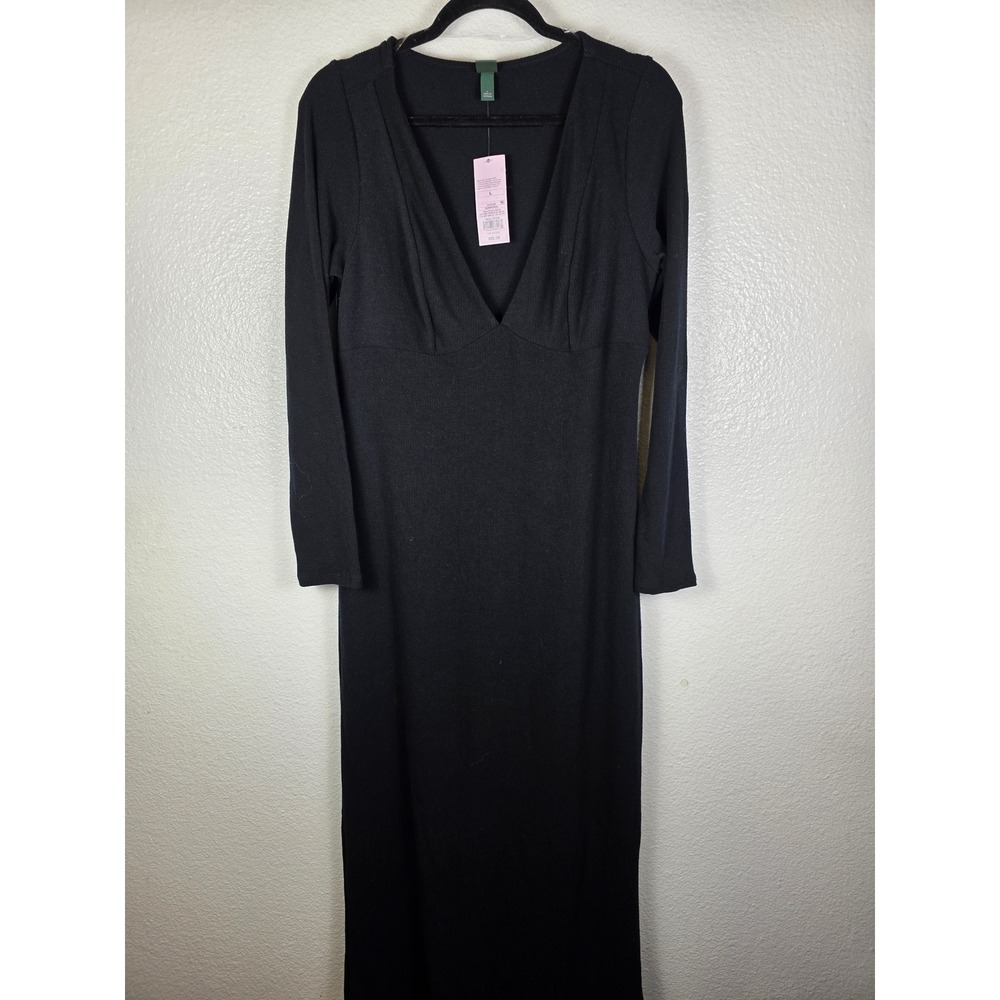 Wild Fable Black Ribbed V-Neck Empire Waist Maxi Dress‎ Long Sleeve Large